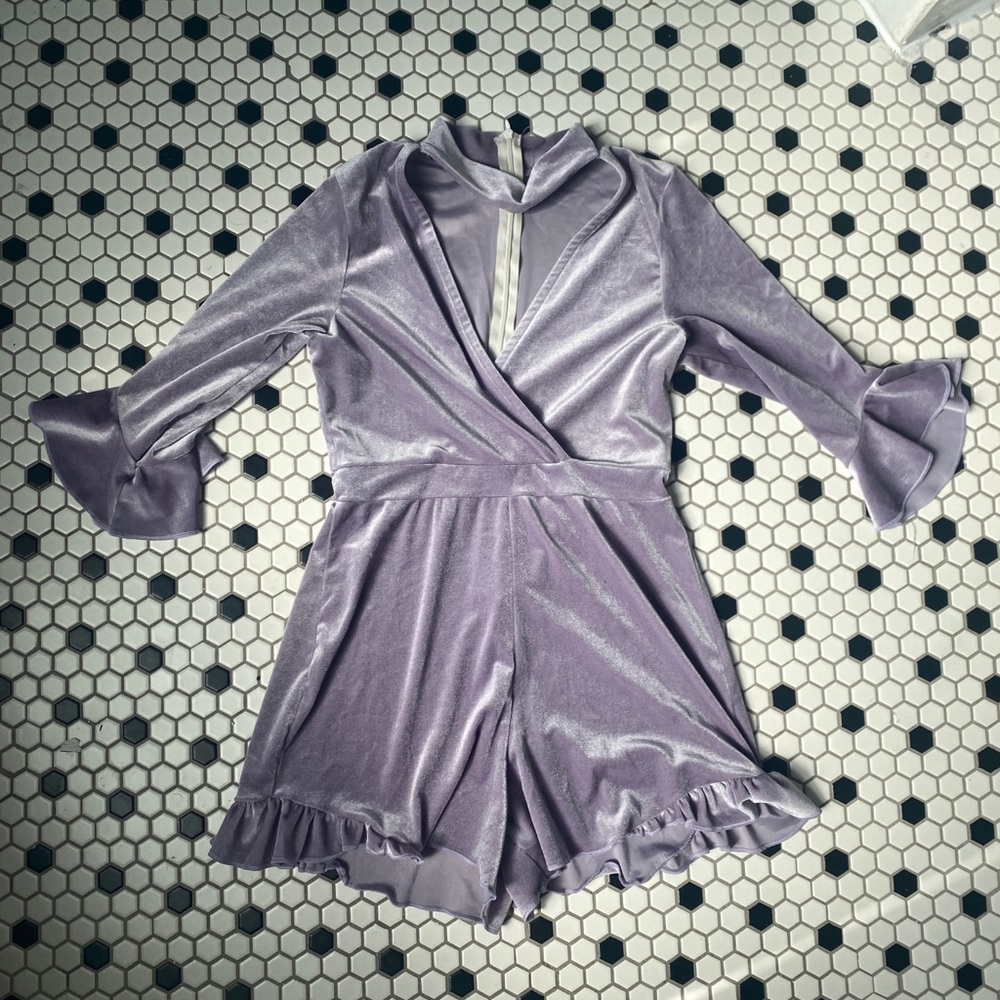 Nastygal velvet lilac lavender romper with ruffles